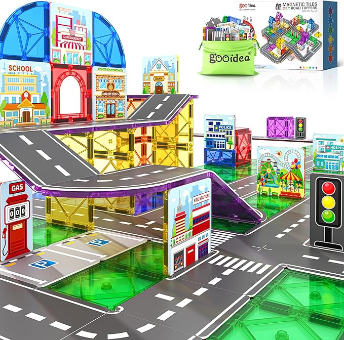 92PCS Magnetic Tiles Build Your Own Live City Toddlers Kids Toys City Road Construction Sensory Toys Preschool Learning Play with Cars Pretend Play Toy Gift for 3 4 5 6 7 Year Old Boys Girls