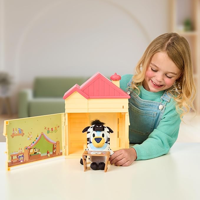 Bluey Play Date Plush Surprise, Decorate House with Stickers, Attach The Play Time Sign, Then Open The Door for a Surprise to Appear, Style May Vary