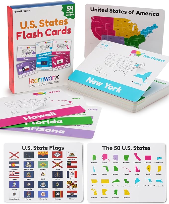 U.S. States Flash Cards for Kids | 50 State Geography Cards with Capitals, Flags, State Birds & More | Educational Flashcards for Learning U.S. History & Facts | Ages 4, 5, 6,7, 8, 9, 10