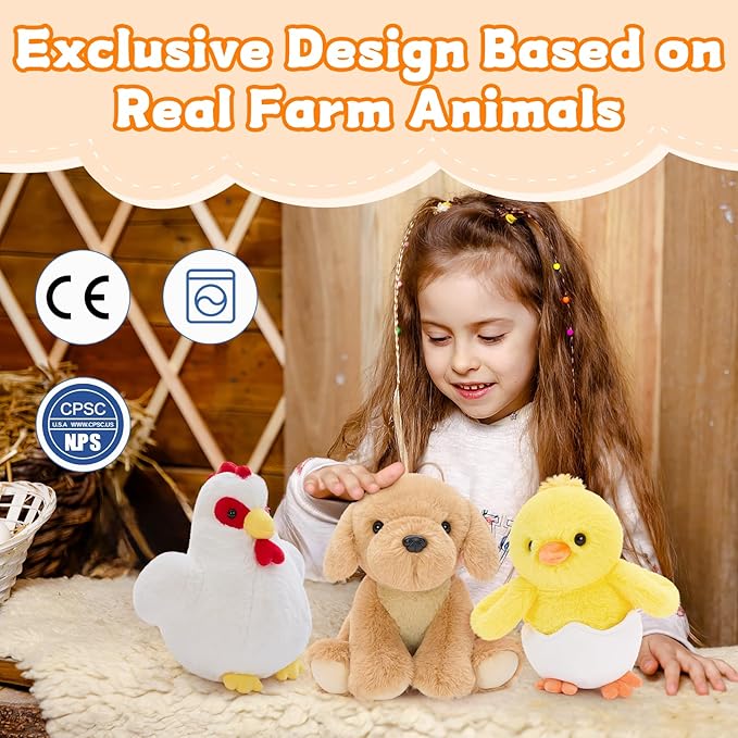 MaoGoLan 10 Pack Stuffed Farm Animals Bulk Plush Dog Cat Highland Cow Horse Sheep Pig Chicken Bunny Farm Animal Toys Set for Kids Party Favors Decorations Valentine's Day Easter Gifts