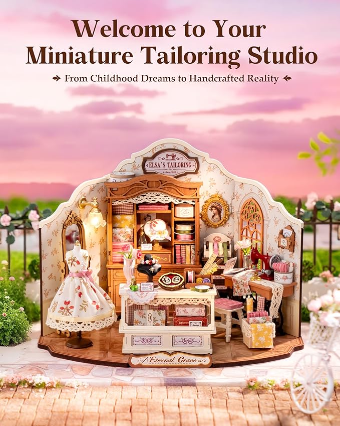 ROBOTIME DIY Miniature House Kit, Elsa’s Tailoring Dollhouse Kit, Mini Wooden Furniture Kit for Adults, Sewing Shop Building Model, Creative Craft Gift for Birthday/Christmas/Hobby Enthusiasts