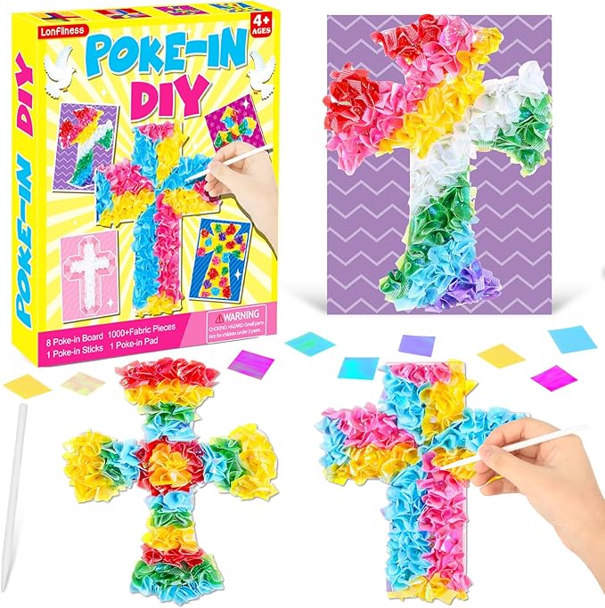 8PCS Poke-in Craft and Art Kit Kids Religious Cross Themed No-Mess Fabric Sewing Art Girl Boy 4-12 Puzzle Puncture Painting Christian Sunday School VBS Creative Activity Game Birthday Party