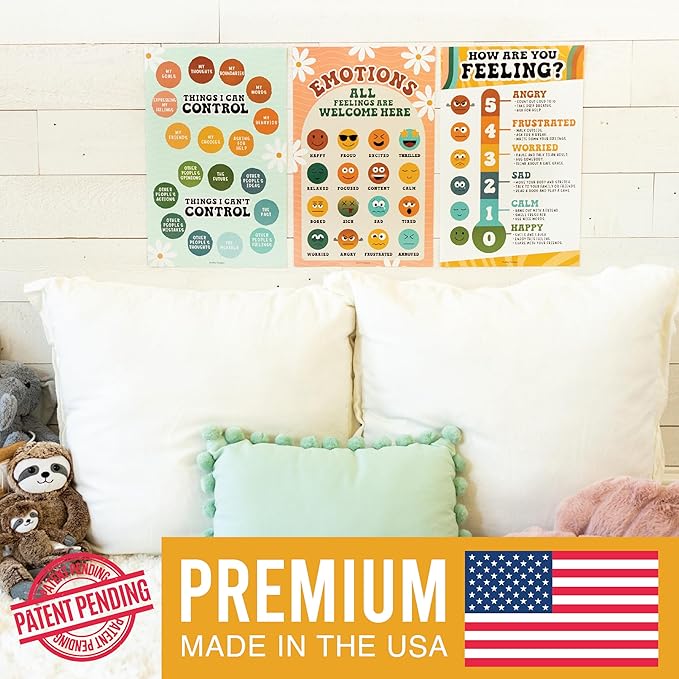 Hadley Designs Feelings Chart For Kids Ages 4-8 - Emotions Chart For Toddlers 3-5, Counseling Feelings Posters For Classroom Calming Corner, Social Emotional Learning Posters, Retro Classroom Decor