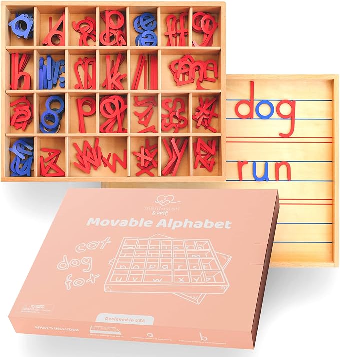 Movable Alphabet Montessori Wooden Letters - Moveable Alphabet With Box Mats - Lower Case for Writing, Reading, Spelling, and Language Learning Materials (Red and Blue)