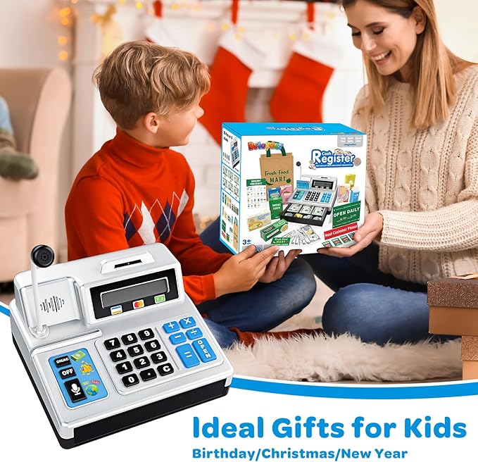 Calculator Cash Register Toy Gift for Kids Age 3, 4, 5, 6, 7, 8+ Year Old, 120 Pcs Grocery Store Playset with Toy Cash, Grocery Boxes， Microphone, Play Cash Register for Toddlers 4-8, Silvery