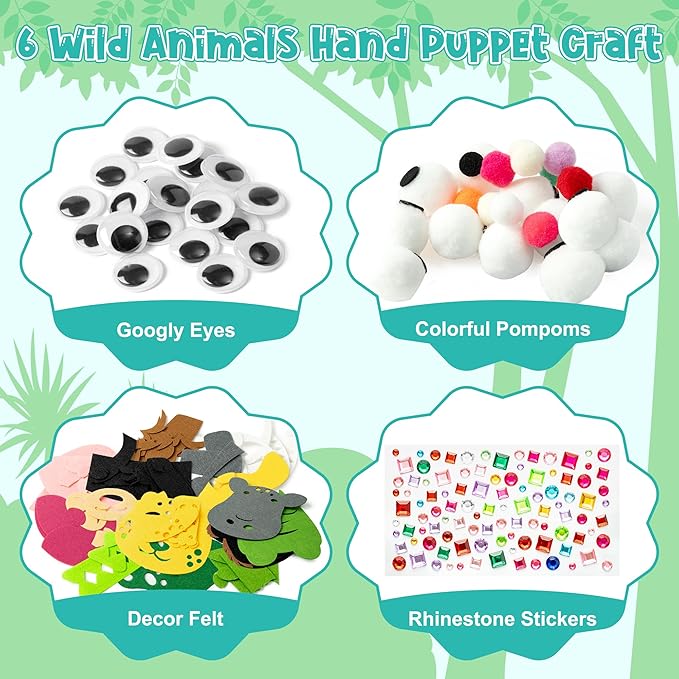 WATINC 6Pcs Hand Puppet Making Kit, Art Craft Felt Sock Puppet Toys, Creative DIY Make Your Own Pompoms Wiggle Googly Eyes Storytelling Role Play Party Supplies Gift for Girls Boys (Wild Animals B)