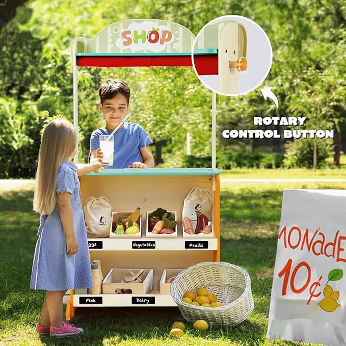 labebe - Deluxe Wooden Puppet Theater Bonus 2 Hand Puppet, ﻿2-in-1 Clock Theater Reversible Play Store, Double-Sided Lemonade Stand, Puppet Show Theater Toy with Chalkboard for Kids 36M+