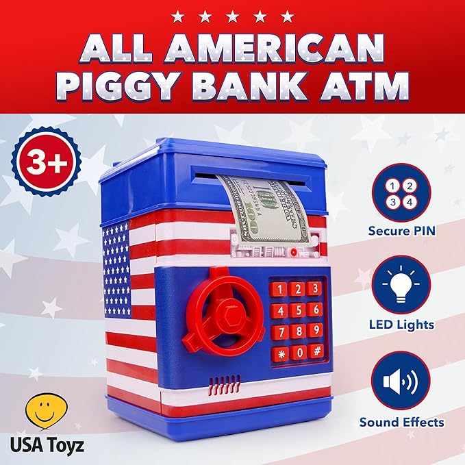 USA Toyz All-American Electronic Piggy Bank for Kids - ATM Kids Money Safe, Coin Bank Savings Box with Auto Bill Feeder Coin Slot, LED Lights, 4-Digit Password, Voice/Beep Modes, Ages 3+