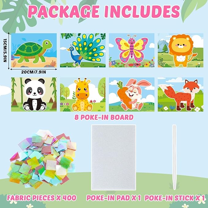 8PCS Poke-in Craft and Art Kit for Kids Animal Theme No-Mess Fabric Sewing Art Girls Boys 4-12 Puzzle Puncture Painting DIY Jungle Animal Toy Gifts for Creative Activity Game Birthday Party