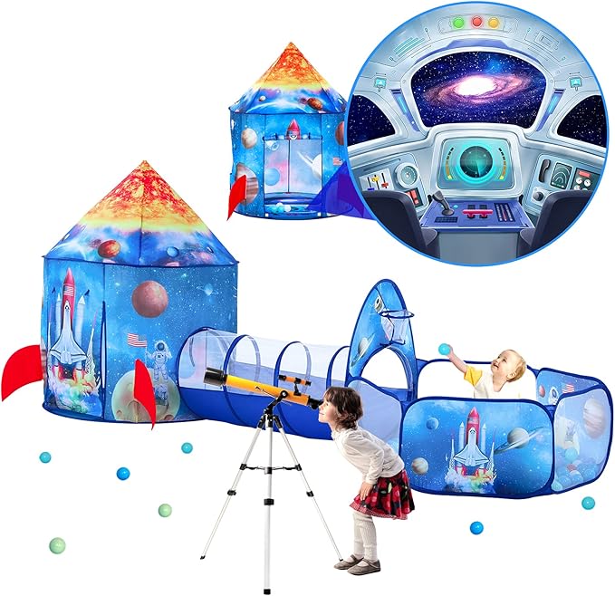 PigPigPen 3pc Kids Play Tent for Boys with Ball Pit, Crawl Tunnel, Rocket Ship Tents for Toddlers, Baby Space World Playhouse Toys, Boys Indoor& Outdoor Play House, Perfect Kid’s Gifts