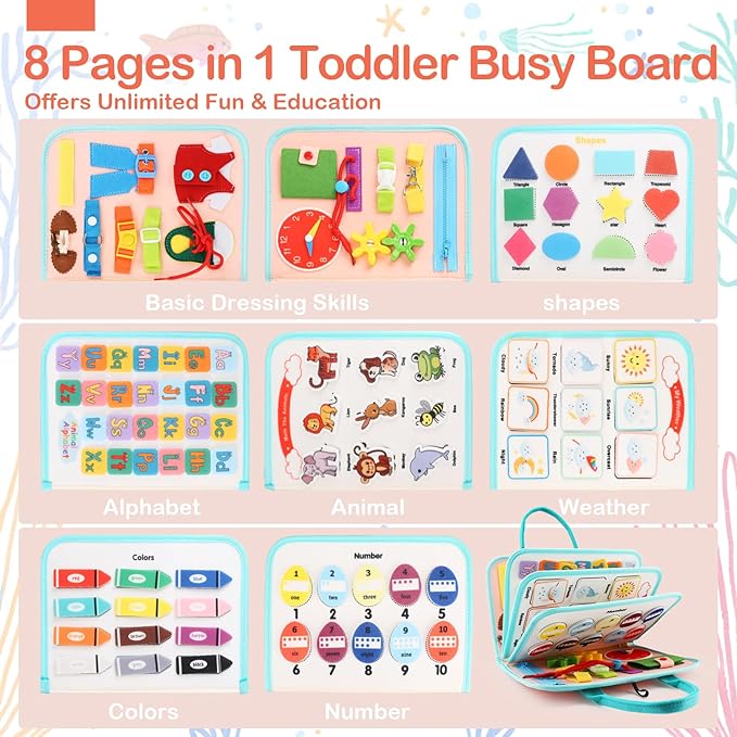 Toddler Busy Board Montessori Toys for Toddlers 3 Year Old Educational Activity Book Board Sensory Travel Toys Ages 4 Preschool Learning Fine Motor Skills Toy Quiet Book Gift for Kids