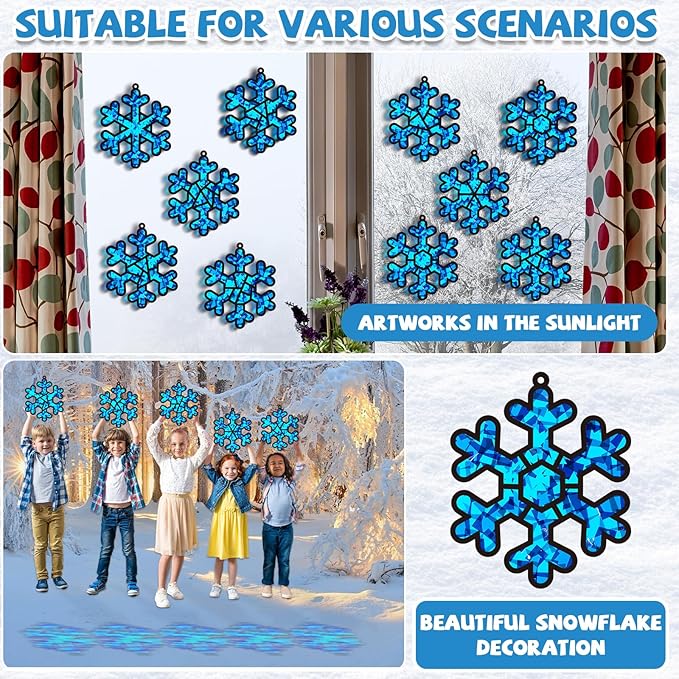 32 Sets Winter Snowflake Suncatchers Craft Kit DIY Window Stained Glass Effect Wintertime Snowflake Paper Crafts Home School Classroom Decoration Kid Birthday Gift Creative Art Project Activity Game