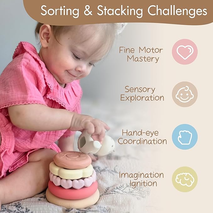 Moonkie Bunny Baby Stacking Toys | 7-Piece Silicone Rings for Teething Relief | Educational Toy for Infants & Toddlers 6 Months+ | Baby Shower or Birthday Gift for Girls