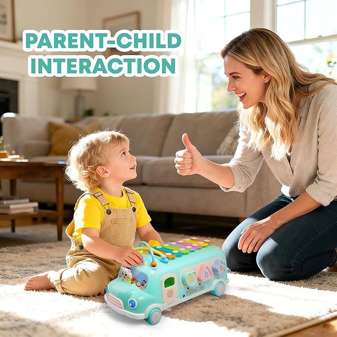 Baby Bus Xylophone Toys for 1 Year Old Girl Gifts, 5-in-1 Montessori Baby Musical Bus Toys for Toddler 1-3, Shape Sort Educational Early Learning Toy 1st First Birthday Gifts for Girls Boys