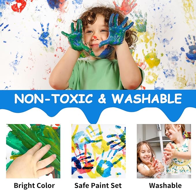 ABEIER Washable Finger Paint for Toddlers, Safe Non-Toxic, 12 x 2oz Vibrant Colors, Baby Safe Paint for Hand and Feet, Mess Free Art Supplies for Kids, Preschool Learning Gifts, Ages 1-3 4 5 6+
