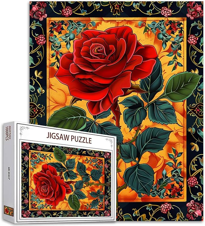 1000 Piece Jigsaw Puzzles for Adults Red Rose Painting Jigsaw Puzzle Floral Patrern Surraunding 1000 Pieces Puzzles for Game Green Plant Colorful Art Wall Decor DIY Craft Puzzle Gifts 27" x 20"