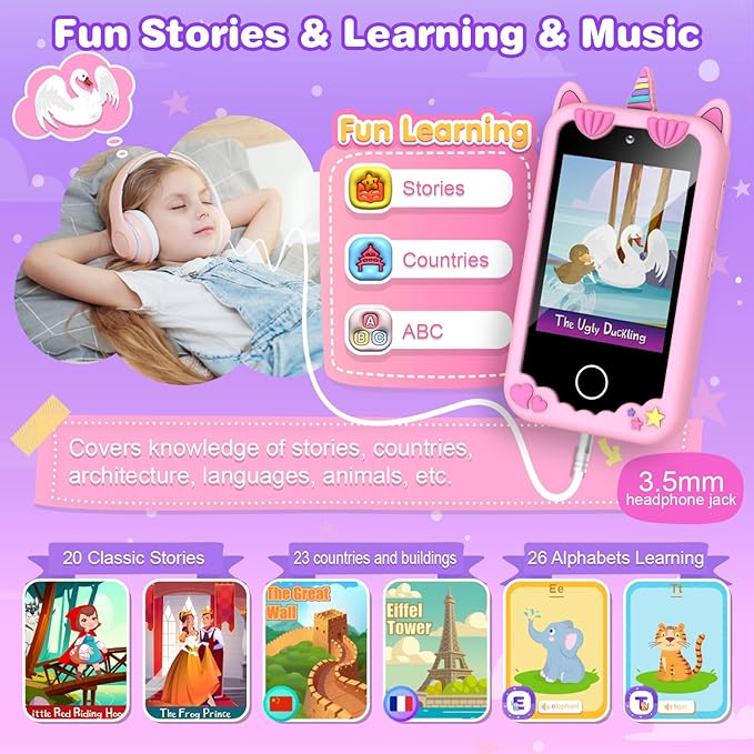 Kids Smart Phone for Girls Christmas Birthday Gifts for Girls Age 3 4 5 6 7 8 9 10 Kids Toys Smart Cell Phone 2.8" Touchscreen Built-in 32G SD Card Dual Camera 28 Toddler Learning Games Music Player