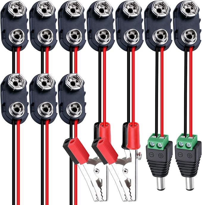 DAIERTEK 10pcs 9V Battery Connector 9 Volt Battery Snap Clip I Type with 2 Pairs of Alligator Clips and 2.1mm X 5.5mm DC Male Power Plug