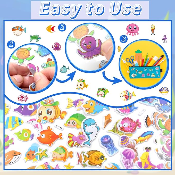 36 Sheets Underwater Stickers for Kids - 900+ 3D Puffy Sea Animal Stickers | Fish, Dolphin, Shark, Octopus, Turtle | Reusable, Waterproof | Crafts, Scrapbooking, Party Favors