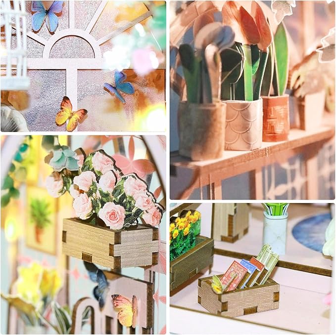 DIY Book Nook Kit, Miniature Bookshelf Decor with LED Lights, Laser-Cut Wooden Craft Set for Adults, Creative Gift for Christmas, Birthday, Greenhouse Flower Room