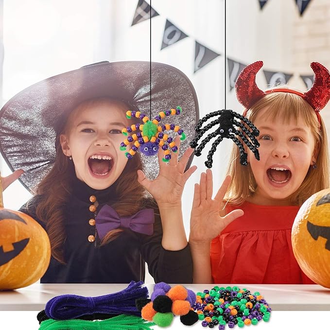 WILLBOND Halloween Pony Beads Plastic Beads Pipe Cleaners for Crafts Pompoms Chenille Stems and Wiggle Eyes for Halloween Party DIY Crafts Decorations Supplies Jewelry Making