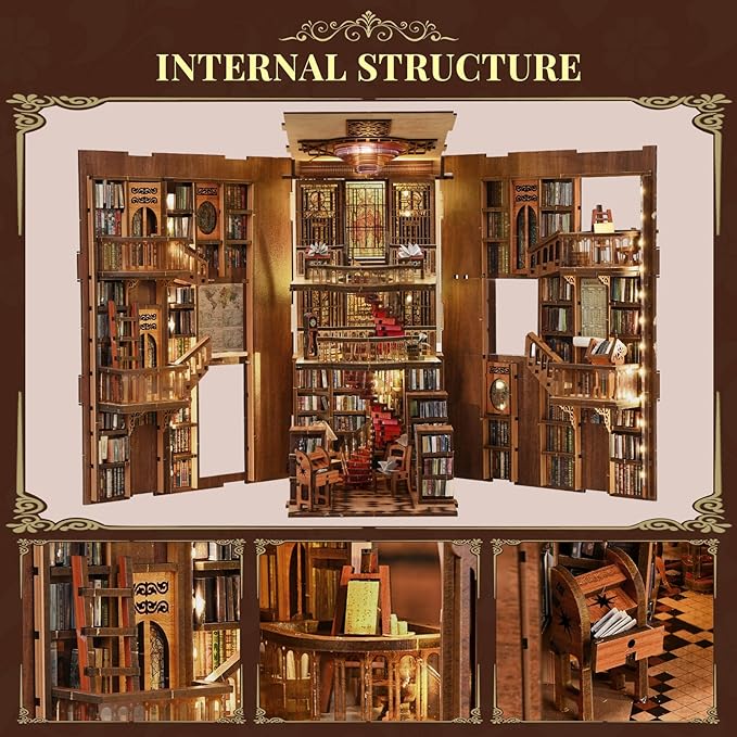 Book Nook Kits for Adults, DIY Book Nook Kit Miniature House Dollhouse Kit, 3D Wooden Puzzle Booknook Bookend Bookshelf Decor Model Build with Dust Cover (Abbey Library)