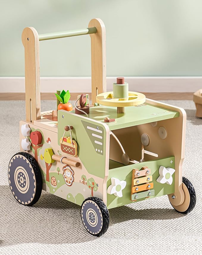 ROBOTIME Wooden Baby Walker Push Toy for Toddlers, Baby Push Walker with Wheels, Farm-Themed Activity Center for Girls & Boys, Adjustable Speed Walker for Baby Learning to Walk