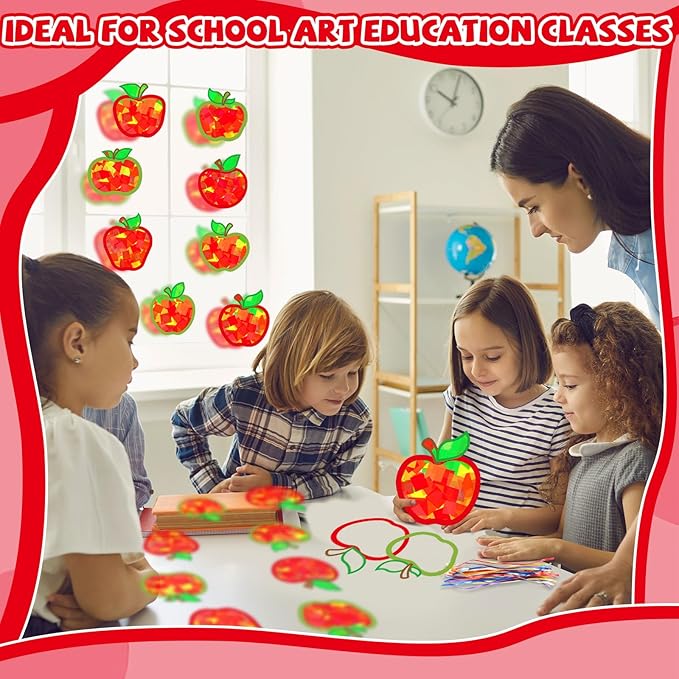 32 Sets Back to School Apple Suncatchers Craft Kit DIY Window Stained Glass Effect Colorful Apples Paper Crafts for Home School Classroom Decor Kid Birthday Gifts Creative Art Projects Activity Game