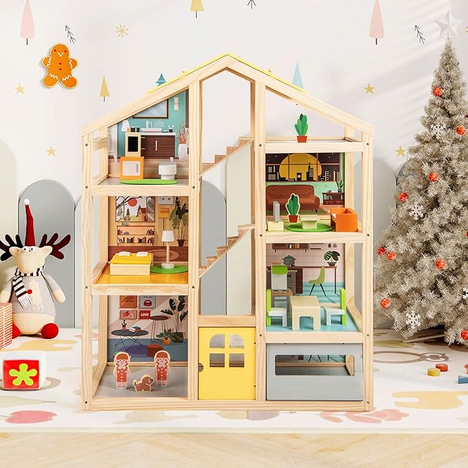HONEY JOY Doll House, Wooden Dollhouse Playset w/7 Rooms, 21 Accessories & Miniature Furniture, Pretend Play Toys Kit, 2.46 Feet Big Doll House, Christmas Birthday Gift for Girls Boys Age 3+