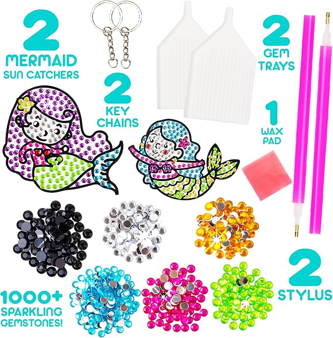 Blue Squid Diamond Art Kits for Kids – Mermaid - Fun & Easy DIY 5D Gem Art Gift Set for Keychains, Stickers, Sun Catchers - Diamond Painting Kit Arts & Crafts Kit for Kids, Girls, Boys Ages 6-12