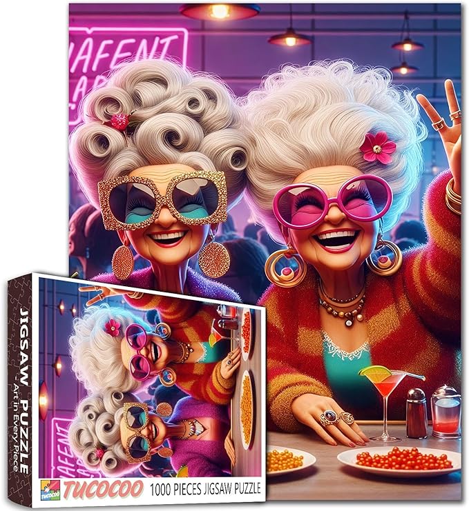 Colorful Party Ladies Jigsaw Puzzle 1000 Pieces for Adults Students Large 20×27 Inches Vintage Fashion Theme Fun Bar Scene Vibrant Characters Drinking Challenging Puzzle for Brain Training Home Decor