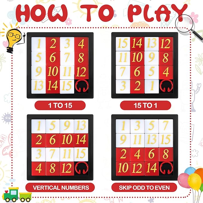 24-Piece 15 Puzzle Number Slide Puzzle Set - Brain Teaser and IQ Educational Toy for Teens and Adults, 2.6 x 2.6 Inches, Ideal for Learning Tool Party Favors