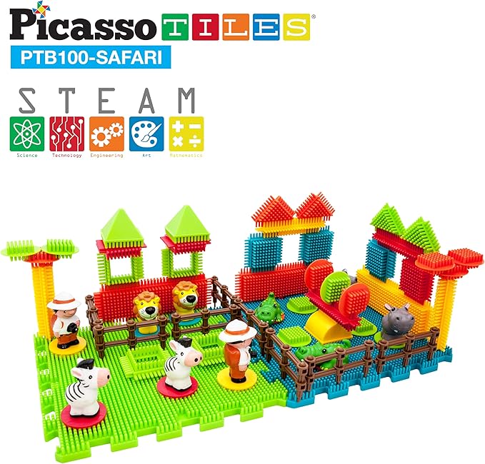 Picasso Toys PTB100 100pcs Hedgehog Block 3D Building Blocks Tiles Safari Theme Set Learning Playset STEM Toy Set Educational Kit Child Brain Development Preschool Kindergarten Toy for Age 3 & Up