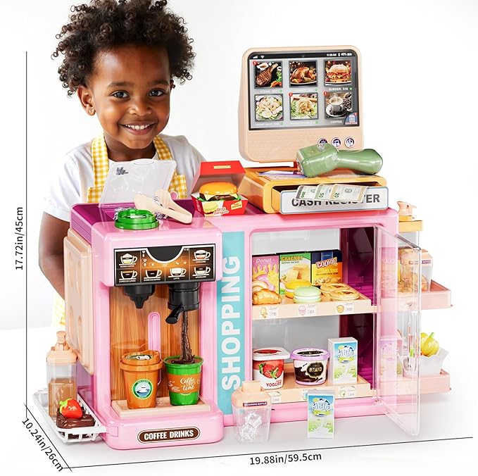 Toddler Toy Grocery Store, Supermarket Playset with Touch Voice Cash Register, Scanner, Coffee Maker, Play Food, Play Money, Pretend Play Toys for Toddlers Kids Birthday (Pink)