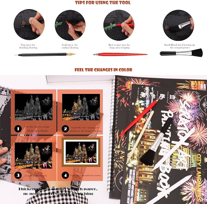 Scratch Art Book for Adults - 12PCS Scratch Painting Foil Art for Adults Scratch City Series Books Foil Engraving Scratch Art Adult Set with 6 Tools