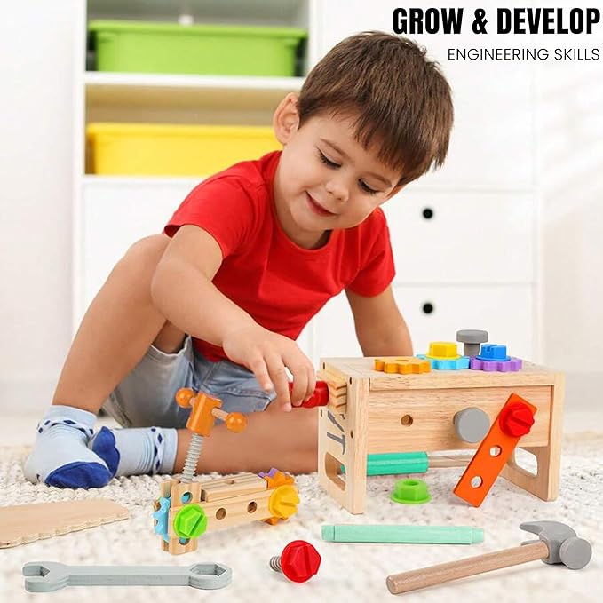 Kids Tool Set – 35 Pieces Wooden Toddler Tool with Box – Montessori STEM Educational Pretend Play Construction Toy for 3 to 13 Year Old Boys Girls – Best Birthday Gift