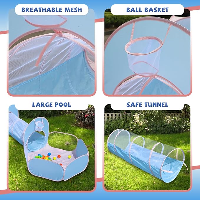 Action Air Kids Play Tent Set with Tunnel and Ball Pit, 5-in-1 Pop Up Playhouse for Toddlers 1-3, Blue