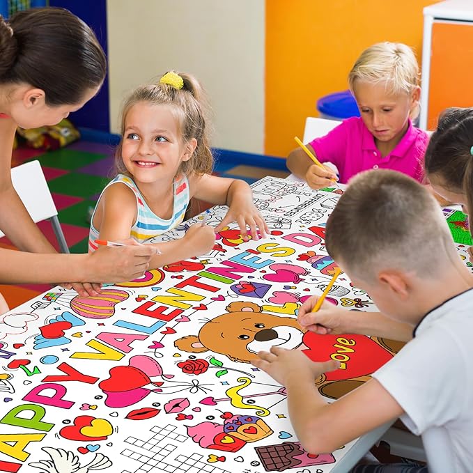 Valentine's Day Activity Poster - 31.5 x 72 Inches, Valentine-Themed Happy Party Banner/Table Cover for School Parties and Special Events Decoration