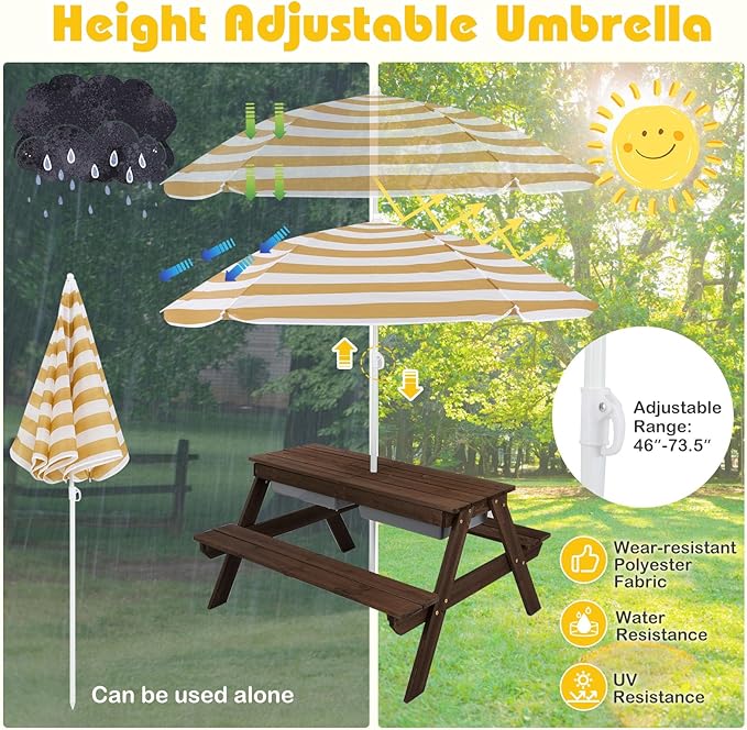 Costzon Kids Picnic Table with Sensory Bins, 4 in 1 Sand and Water Table with Height Adjustable Umbrella, Removable Tabletop for Outdoor Backyard Patio Play