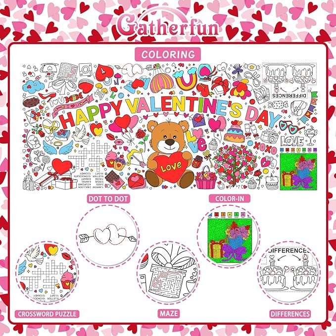 Valentine's Day Activity Poster - 31.5 x 72 Inches, Valentine-Themed Happy Party Banner/Table Cover for School Parties and Special Events Decoration