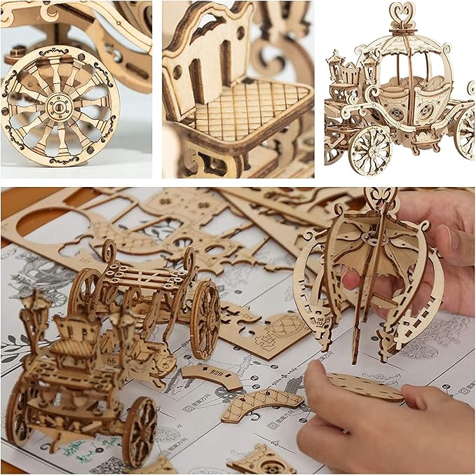 Rowood 3D Puzzles for Adults, Wooden Model Kits for Adult, DIY STEM Toy for Ages 14+ - Pumpkin Cart (182 Pieces)