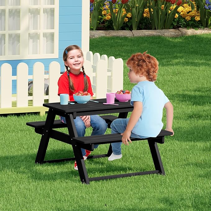 Costaelm Kids Picnic Table, HDPE All Weather Outdoor Toddler Picnic Table and Chair Set Kids Bench for Patio, Backyard, Garden, Lawn, Black
