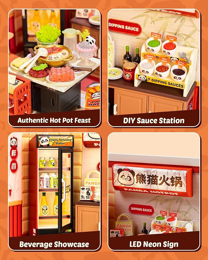 Rolife Super Creator Series, DIY Mini Panda Hot Pot Dollhouse House Kit, Bulid Scenary for Action Collectible Figures, Creative Gifts for Women Adults