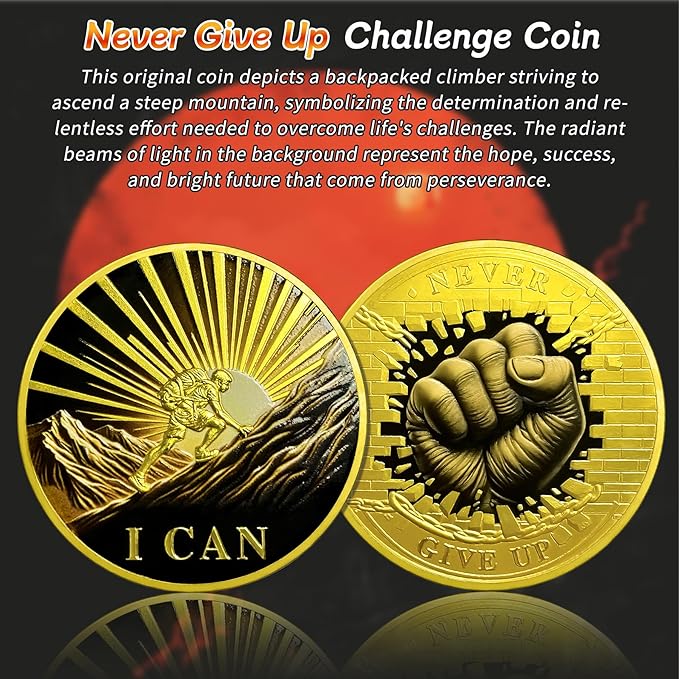Never Give Up Challenge Coin - Cheer up I Can Motivational Token - Inspirational Gold Reminder Pocket Medallions - Encouragement Gifts for Women Men Family Friends Students Team