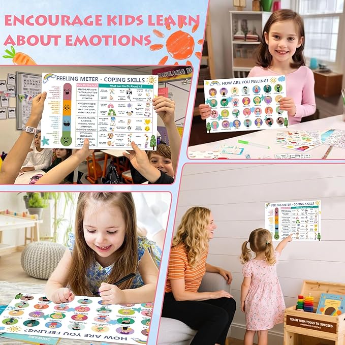 LAZTZQ Feelings Chart for Kids, Children's Mental Health Poster - Emotion Recognition Chart, 11x17inch Poster for School Counselors, Psychologists, and Parents Special Education Classroom Supplies