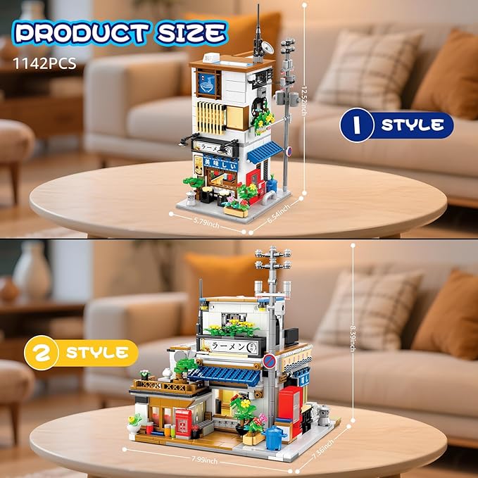 Reobrix Japanese Ramen Shop Building Blocks 66501, 2 in 1 Creative Street View House Building Kit with Light, Japanese Architecture Home Office Decor, Ideal Gifts for Boys Girls Adults 14+