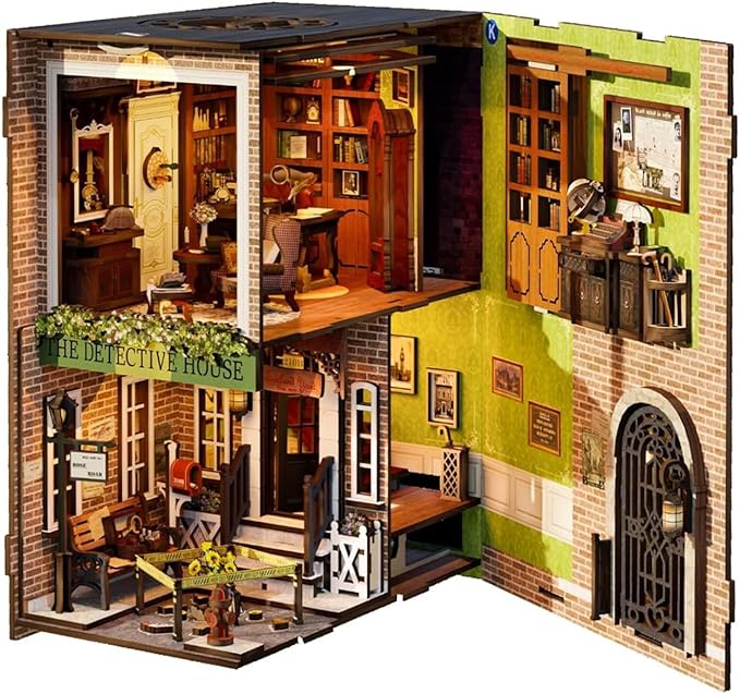 Fsolis Book Nook Kit, DIY Miniature Room House Kit 3D Wooden Puzzle for Adult Decorative Bookend Bookshelf Bookcase Nook Decor Gifts for Women Teens and Book Lovers(Rose Detective Agency)