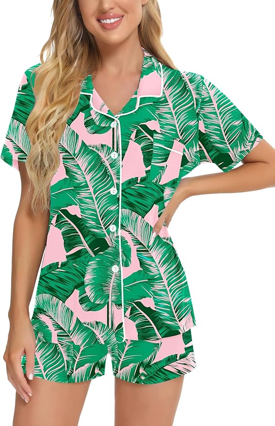 SWOMOG Womens Button Down Pajamas Set Short Sleeve Sleepwear Bride Soft Pj Lounge Sets XS-3XL