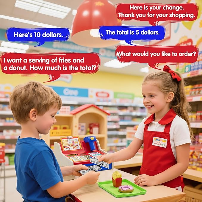Wooden Cash Register for Kids with Real Calculator, Rechargeable Cash Register Toy with Scanner/Play Money/Food/Credit Card/Menu, Pretend Play Toys Gifts for Boys Girls Ages 3-8, Blue