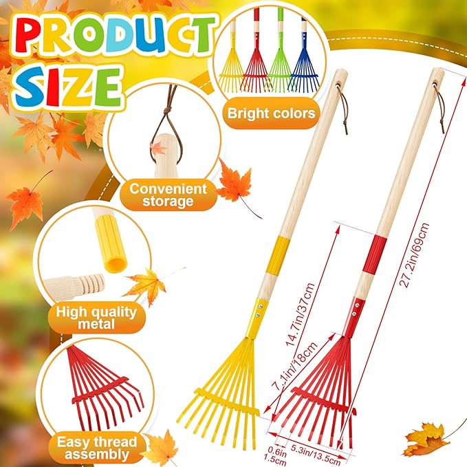 Suclain 4 Pcs Kids Rake with Hardwood Handle Small Child Size Multicolor 28'' Mini Rake for Leaves Lightweight for Children Garden Leaf Yard Tools Gifts